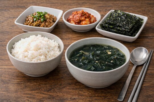 Korean seaweed soup set with rice and sides