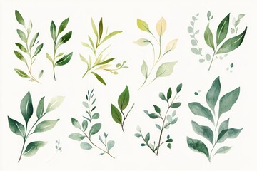 Fototapeta premium Botanical design elements featuring watercolor foliage set for decoration and creativity