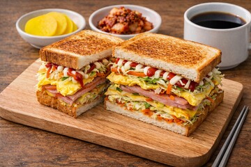 Club sandwich stacked with layers on wooden board