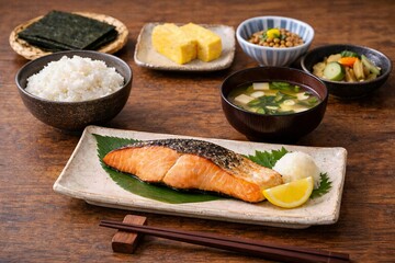 Japanese breakfast set with grilled salmon and miso soup