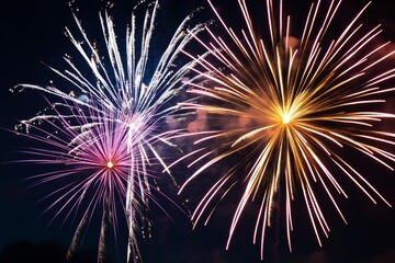 Fototapeta premium Colorful fireworks light up the night sky during a summer celebration near a city park at dusk