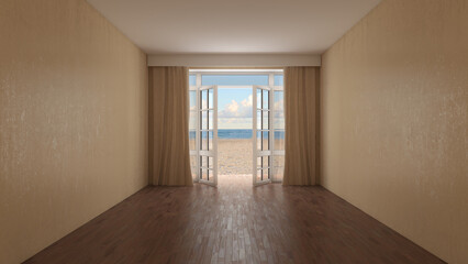 Empty Interior with Beige Curtains and Sea View near the Beach. Room with Open Door Overlooking the Ocean. Yellow Sand and Clouds. Brown Parquet Flooring and a Stucco Walls. 3D illustration © SK-Studio