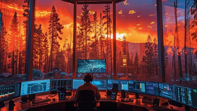 A person sits at a control center watching multiple screens. They monitor wildfire activity against a sunset backdrop with tall trees and smoke in the air