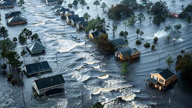 Heavy rain has caused significant flooding in a coastal neighborhood. Homes are surrounded by water with debris in the streets. The scene shows the impact of severe weather on community life