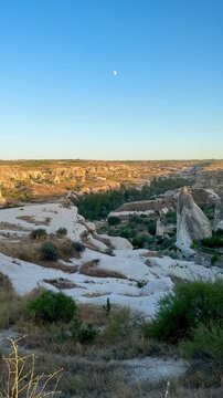 Dreamy Golden Hour Cappadocia Landscape with Moon (Goreme, Cappadocia, Turkey)