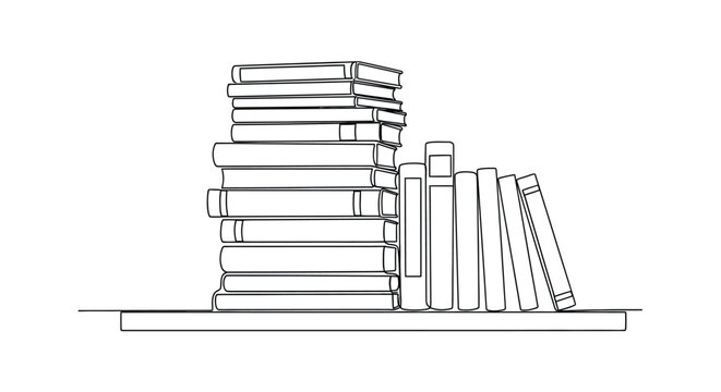 A stack of books and leaning volumes outlined in black silhouette