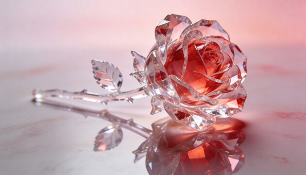 Crystal rose sculpture on a reflective surface with soft red‑pink caustics and gentle bloom lighting, creating elegant romantic minimalism and a premium Valentine&rsquo;s aesthetic.