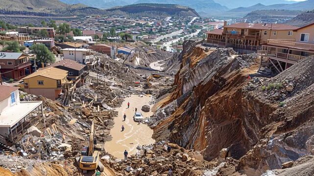 A landslide has caused severe damage to homes in a town. Workers are on site with machinery. Debris is scattered across the ground. The landscape is altered by the slide