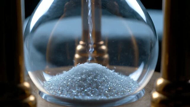 Hourglass pours fine sand down. Fine sand gathers in lower bulb during time flow. Glass bulbs show slow countdown in antique timer. Closeup shows grain detail and motion. Vintage timer evokes time