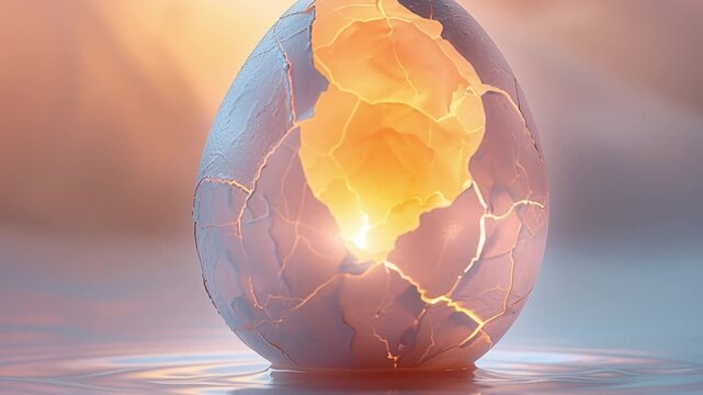 A cracked egg shell sits in water. Light glows from inside the shell. The background has soft colors. The scene shows a moment of change and new beginnings