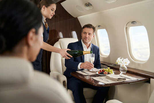 Flight attendant pouring champagne for businessman in luxury private jet cabin