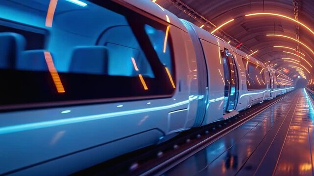 A train moves swiftly through a dark tunnel. Bright lights line the walls, creating a lively atmosphere. The train features a smooth design and futuristic elements