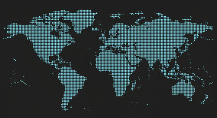Stunning digital world map with turquoise dots on black background