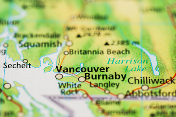 Geographic map close up showing Vancouver Burnaby and surrounding cities.