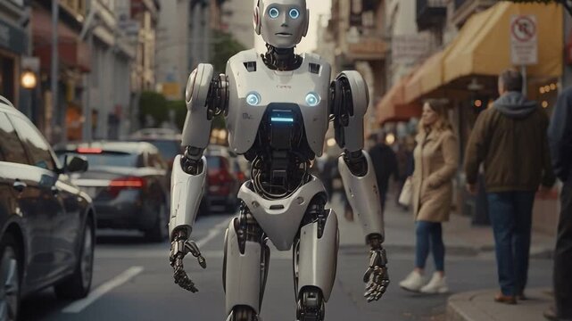 A robot walks on a busy city street while cars pass by and pedestrians move around. The scene takes place during the day in an urban area with buildings and shops