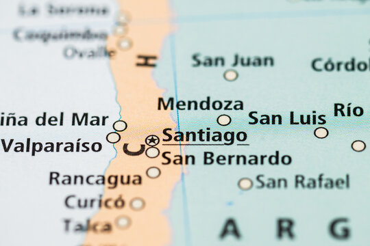 Central Chile map detail with Santiago San Bernardo and nearby cities.
