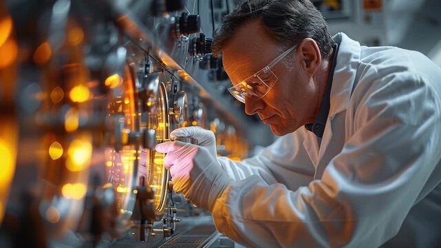 A scientist wearing a lab coat and gloves adjusts laboratory equipment. Bright lights illuminate the space as he focuses on his task. The research is part of a scientific experiment