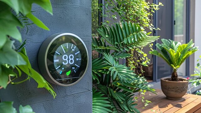 A smart thermostat shows a temperature reading of 98 degrees in a garden setting. The device is installed on a wall covered with various green plants, creating a natural atmosphere
