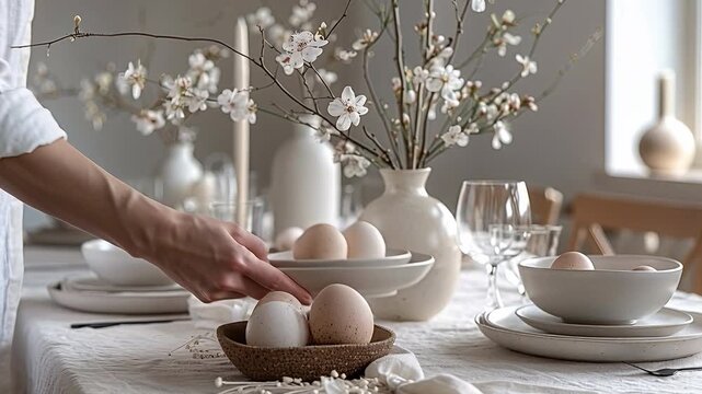 A dining table is set with plates, glasses, and a vase of flowers. Decorative eggs are arranged in bowls. The scene takes place in spring with natural light coming from a nearby window
