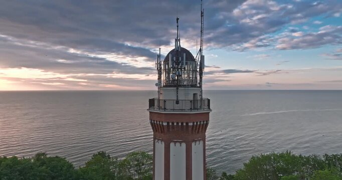 Beautiful lighthouse at sunset in Rewal at Baltic Sea.