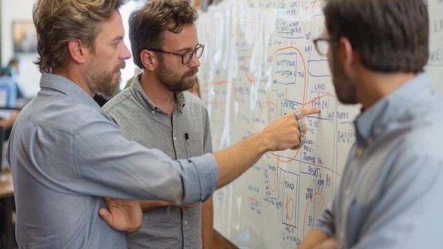 Three team members are focused on a whiteboard filled with notes and plans. They are collaborating on a project in a shared office space during the afternoon hours