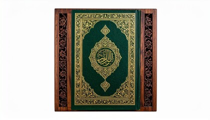 Fototapeta premium The Holy Quran displayed with an intricately carved wooden stand, featuring elegant Islamic patterns and rich traditional craftsmanship. This image symbolizes Islamic faith, spirituality, worship, and