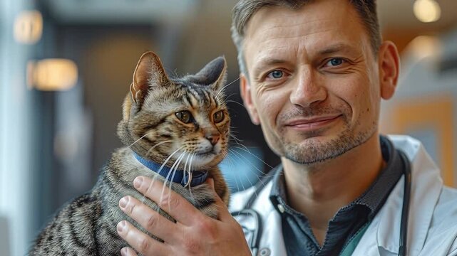 A man works as a vet holding a cat during an appointment in an animal clinic. The vet smiles as he examines the cat. It is morning on a weekday