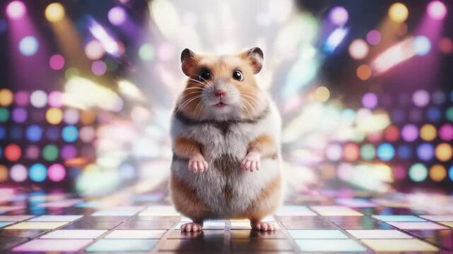 Adorable hamster dancing on colorful dance floor with bright lights