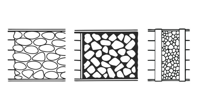 CAD Texture Drawings, stone wall  top and side view patterns, Stone, Gravel, and Pebble Section Pattern Outline Vector for Architectural Material Design
