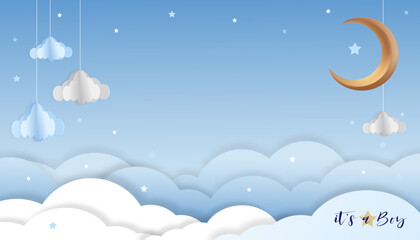 Baby shower background for Kid boy.Cute design blue sky,white cloud white for New born greeting card,Backdrop paper art cartoon party banner,Social media template © Anchalee