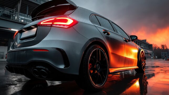 Sleek silver hatchback car with stylish black rims parked under a dramatic sunset, showcasing reflective rain-soaked surface and modern design, perfect for automotive enthusiasts and advertising