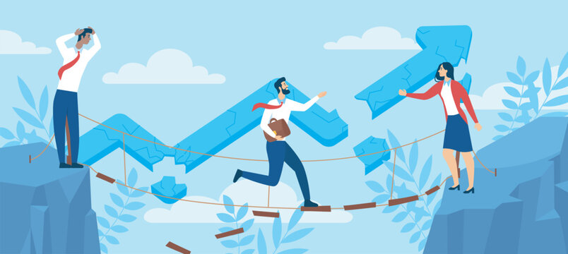 Businesspeople with financial crisis. Men and woman in formal wear walk across crumbling bridge. Bankruptcy, recession, and inflation. Concept of teamwork. Flat vector illustration