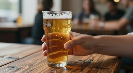 Person Holding a Glass of Beer in a Cozy Pub Environment