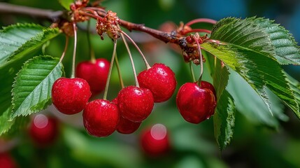 Fresh Red Cherries Hanging on a Tree Branch in Sunlight