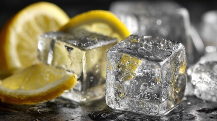Ice Cubes with Lemon Slices on Dark Background