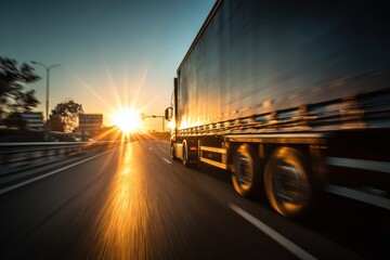 Motion Blur of Truck Driving on Highway at Sunset
