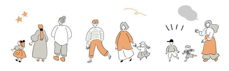 ファミリー＆元気なキッズ,わいわい,にぎやか,おめかし,おでかけ｜グレー＋柔らかオレンジ,ハンドドローイング,ベクターイラスト｜Family&Kids,vector illustration