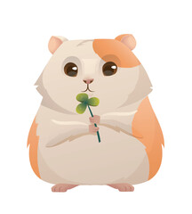 Fototapeta premium White and orange hamster sticker. Cute adorable rodent with clover. Friendly domestic animal and pet. Icon for veterinary website. Flat vector illustration