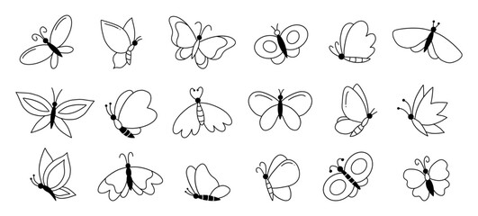 A set of cute butterfly doodles. A collection of simple drawings. Vector illustration.