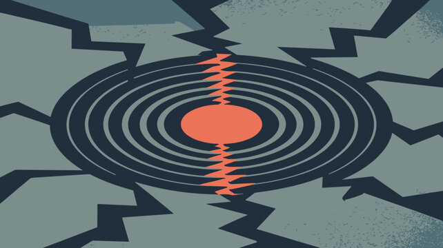 Abstract circular pattern shattering apart symbolizing disruption crisis or breakdown with orange glow in center representing energy or conflict concept for disaster or change vector illustration grap