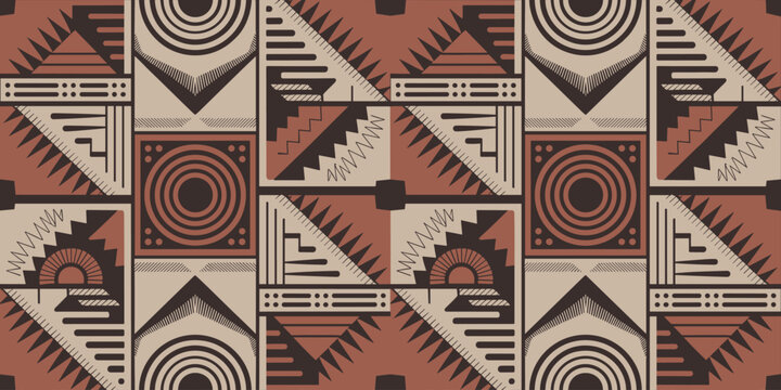Seamless abstract geometric pattern in earthy terracotta and beige tones with modern tribal motifs and minimalist shapes for graphic design and textile prints backdrop