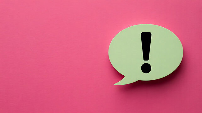 Green speech bubble with exclamation mark on pink background symbolizing important message or alert in a creative way for communication and notification purposes effectively.