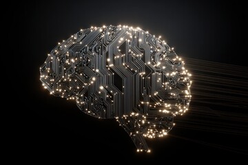 Clean minimalist visualization of a digital brain made of circuit lines and data points.