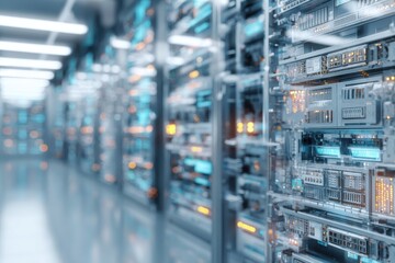 Corporate technology background showing data processing and digital infrastructure, clean composition, neutral tones, bright lighting, non-artistic realistic tech style.
