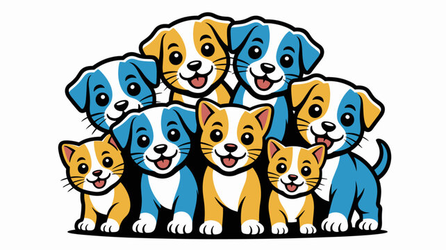 Cute cartoon puppy and kitten characters group illustration adorable pets collection playful animals for children's books veterinary clinics pet adoption agencies animal welfare logos playful and frie