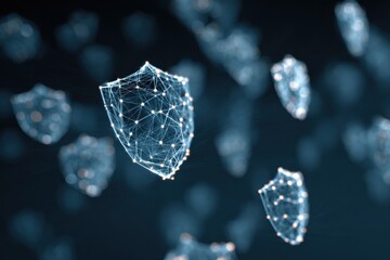 Cybersecurity technology background with abstract shield icons and secure network visualization, clean neutral colors, bright lighting, corporate usable tech style.