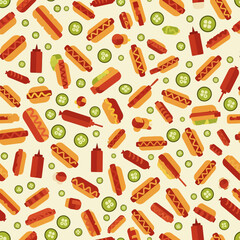 Hot dog fast food seamless pattern on light background.