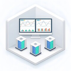 Obraz premium Isometric illustration of a computer monitor displaying financial data and charts with servers.