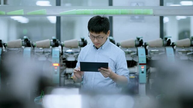 Young male worker in factory workshop holding tablet to inspect production equipment on assembly line