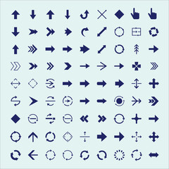 Extensive Collection of Diverse UI Navigation Arrows and Control Icons in Dark Blue on Light Blue Background